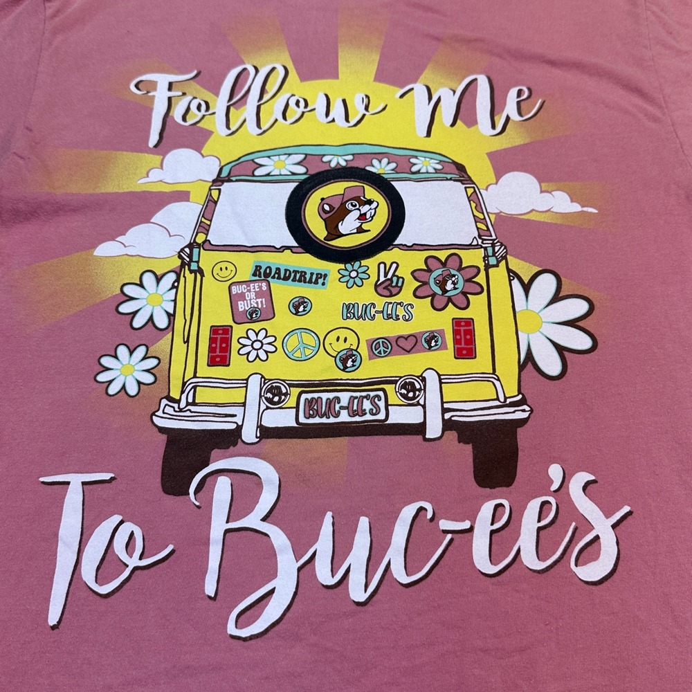 Buc-ee's Shirt Women's Medium Pink  Hippie Van Graphic Tee‎ Floral Flower Child